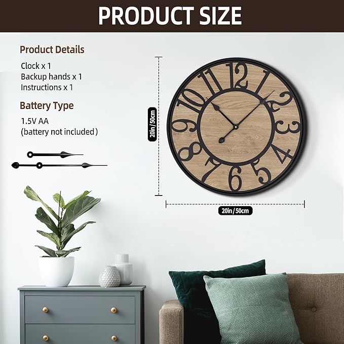 Maxstar Large Wall Clock for Living Room,Metal & Wood Silent Rustic Farmhouse Wall Clock with Arabic Numeral, Battery Operated Decorative for Bedroom Office Home Decor 20inch Black