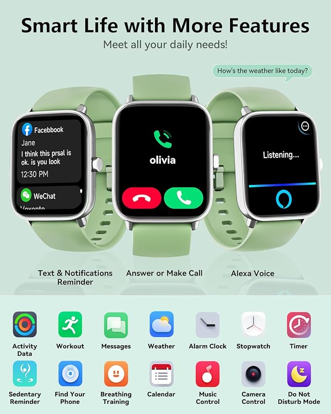 Smart Watches for Women/Men, Smart Watch for Android Phones and iPhone Compatible, Alexa Built-in, 1.8" Fitness Watches for Women, IP68 Waterproof /Bluetooth Call, Heart Rate/Sleep Monitor, Green