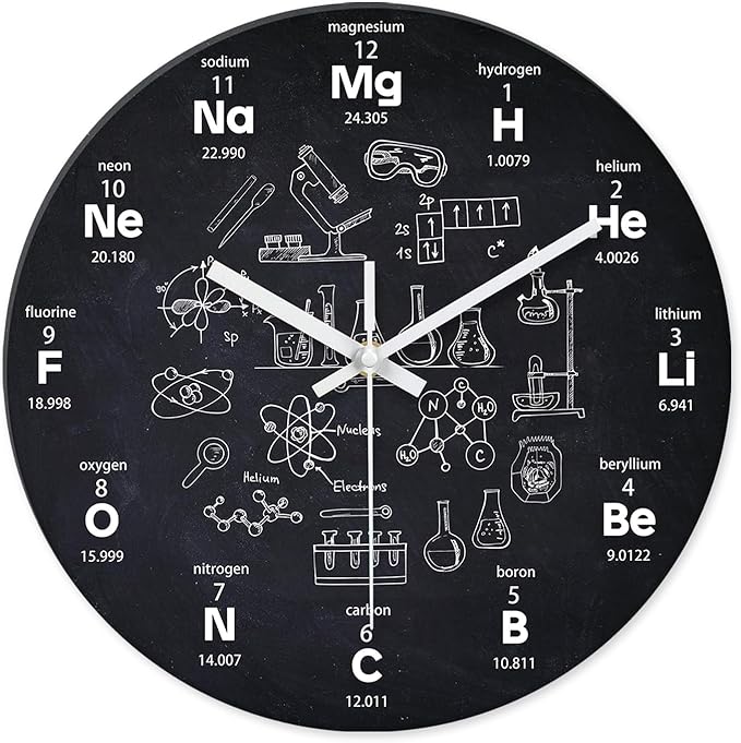 XNM Black Chemical Clock for Classroom Glass Analog Small Science Wall Clocks Battery Operated 12 Inch Round Silent Wall Clock Modern