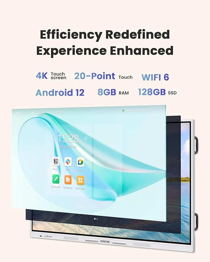 Interactive Smart Board for Classroom, 8+128 GB Electronic Digital Whiteboard Built-in Android OS & Open App Ecosystem - 4K Touchscreen Smartboard for Home Office School Studio Display