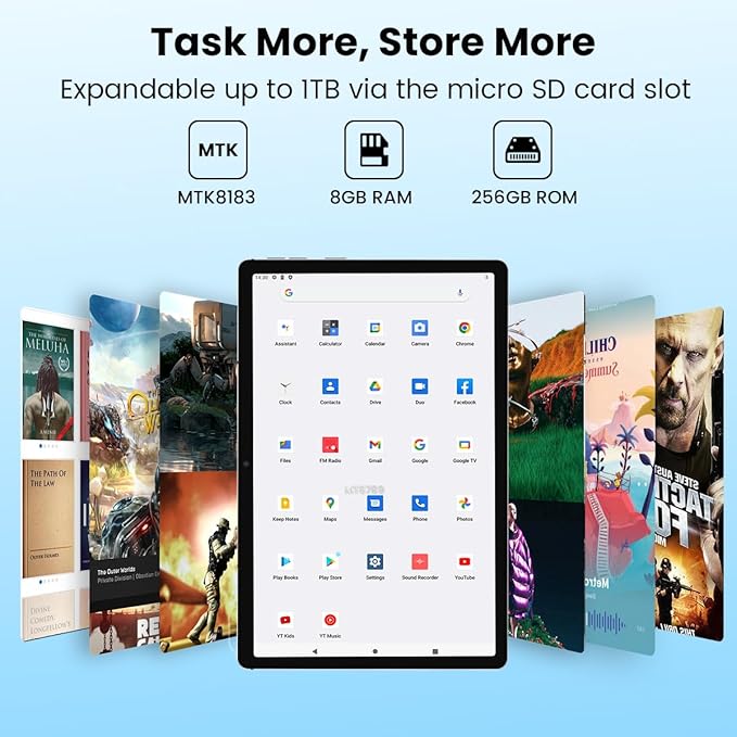 kinstone 10.1 Inch Android Tablet - Octa-Core 2.0GHz MTK8183 Processor, 8GB RAM 256GB ROM Expandable 1TB, 13MP Dual Camera, 1920x1200 FHD Display, 6000mAh Battery, Dual WiFi 2.4G/5G, Bluetooth 5.0