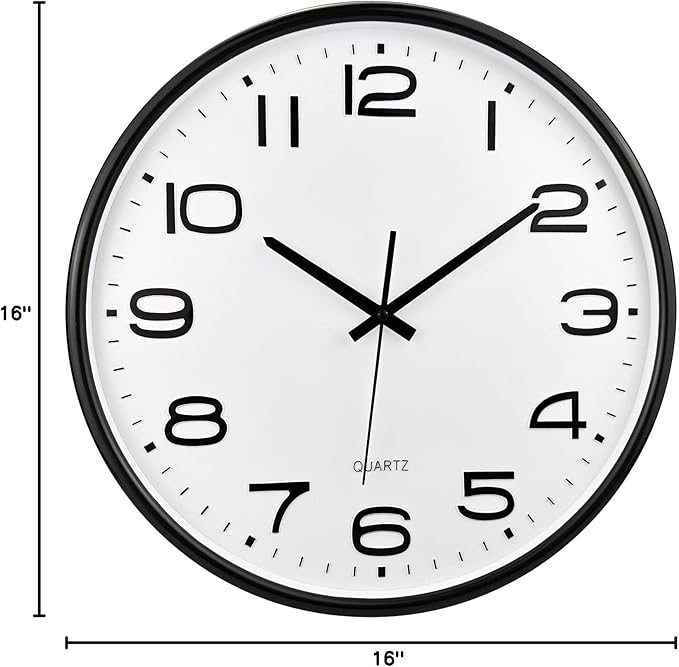 Plumeet 16'' Extra Large Wall Clock, Battery Operated Wall Clocks Silent Non-Ticking Quartz, Modern Style Suitable for Bedroom Living Room Office Decor - 3D Numbers Display, Black