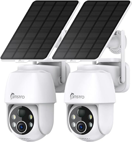 2 Pack Solar Surveillance Camera Wireless Outdoor, 2K Battery-Powered Solar Camera for Home Security, 360°Pan & Tilt, 3MP Color Night Vision, Two-Way Audio, Alexa/Google Assistant, 2.4Ghz Only