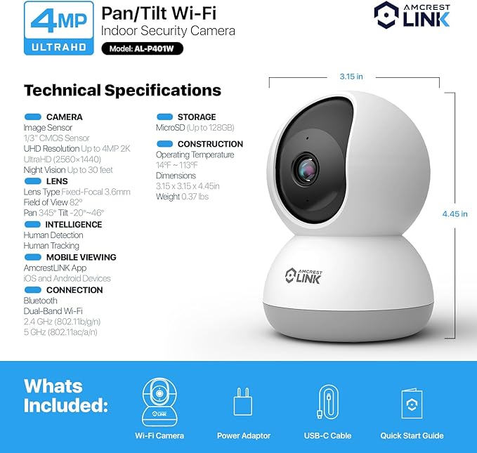 Amcrest Link 4MP WiFi Camera Indoor, Human Detection, Motion-Tracking, w/ 2-Way Audio, Pan/Tilt Wireless IP Camera (Wired Power), 30ft Night Vision, Built in Siren, AL-P401W
