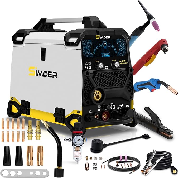 SSIMDER MIG Welder 200A Plasma Cutter Welder Combo With 18PCS 15AK MIG Consumables 10 in 1 Multiprocess Welder Pulse MIG/Gas MIG/Flux Core/HF TIG/Stick/Cut Aluminum Welder for Home DIY Outdoor