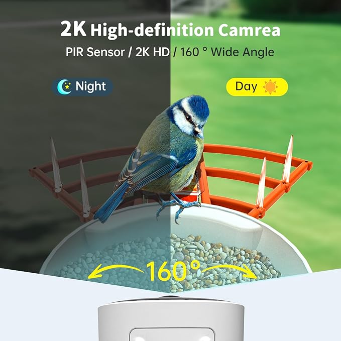 Smart Bird Feeder with Camera Solar Powered & AI Bi rd Identification, 2.4Ghz WiFi Bird feeders for Outdoors, 2K Live Video, Nstant Arrival Alerts - Orange