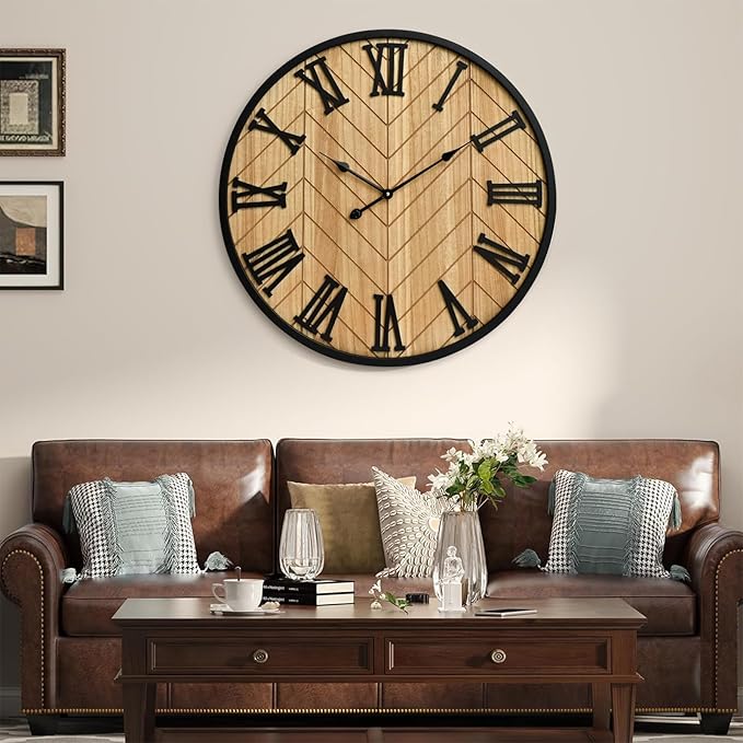 24 Inch Large Wall Clock Farmhouse Style - Brown Silent Non-Ticking Rustic Decor for Living Room, Kitchen, Bedroom