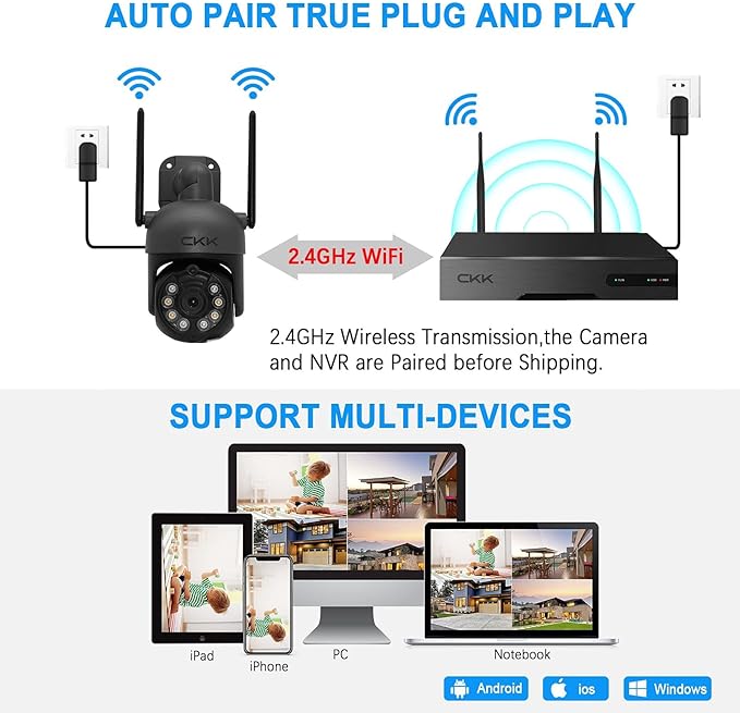 Wireless Security Camera System, 4pcs 3MP PTZ Cameras Outdoor Indoor, CKK WiFi Surveillance NVR System with Floodlights & Siren Alarm, 2 Way Audio, 24/7 Record, Expandable 10CH, No HDD
