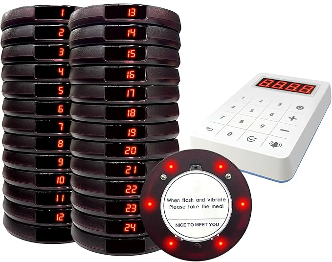 Pagers for Restaurants, 24 Coaster Beeper Restaurant Buzzer System with Beeps, Vibration, Flashing, Guest Customer Queue Pagers for Food Truck, Church Nursery
