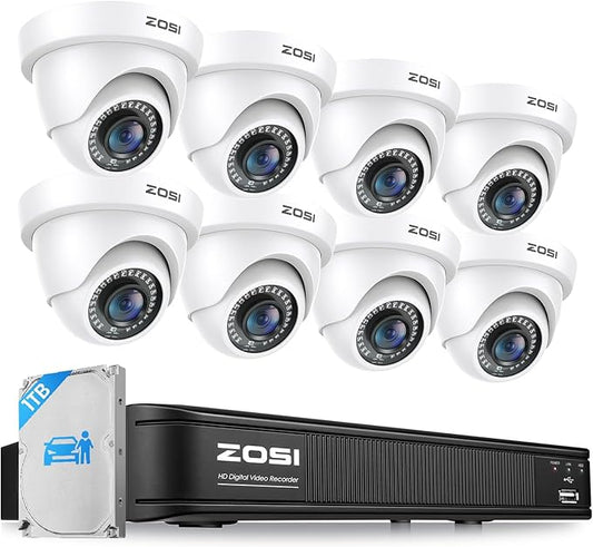 ZOSI 5MP 3K Lite 8 Channel H.265+ Home Security Camera System with AI Human Vehicle Detection, 8CH Surveillance DVR, 8 x 1080p Weatherproof CCTV Dome Camera Outdoor Indoor, 80ft Night Vision, 1TB HDD