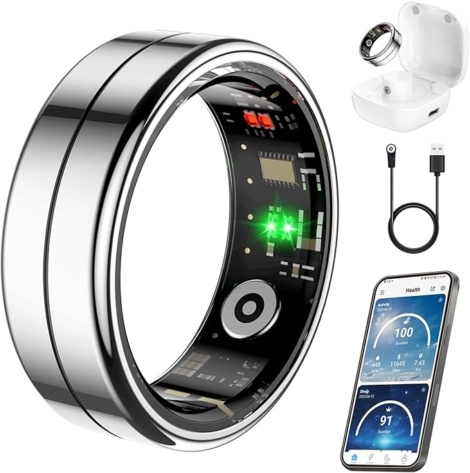 Fit Ring, Smart Health Rings for Women Men with Heart Rate,Blood Oxygen,HRV,Stress Level, Sleep Monitor, Step Tracker, No Subscription Fee, IP68 Waterproof Smart Ring for iphone &Android (Silver, 10#)