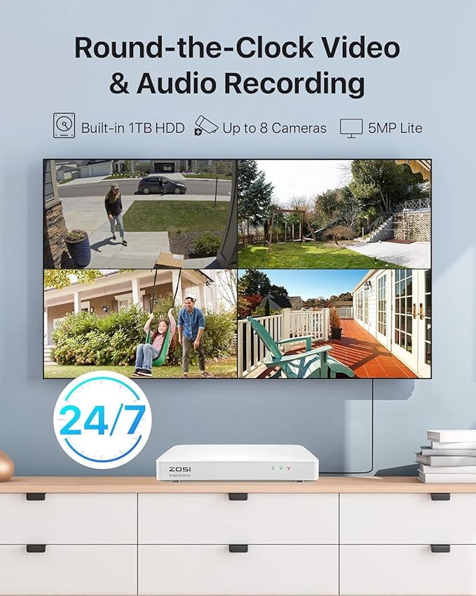 ZOSI 3K Lite Security Camera System with AI Human Vehicle Detection, 8Pcs 1920TVL 2MP Home CCTV Cameras Indoor Outdoor, Night Vision, One-Way Audio, H.265+ 8CH DVR with 1TB HDD for 24/7 Recording