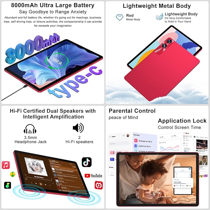 Tablet 11 inch Android 14 Tablets, 24GB+256GB+1TB Expand, Android Tablet with 8000mAh, Octa-Core, 13MP+5MP Camera, IPS Touchscreen, 5G WiFi, BT5.0, Widevine L1, GPS - Metal Red
