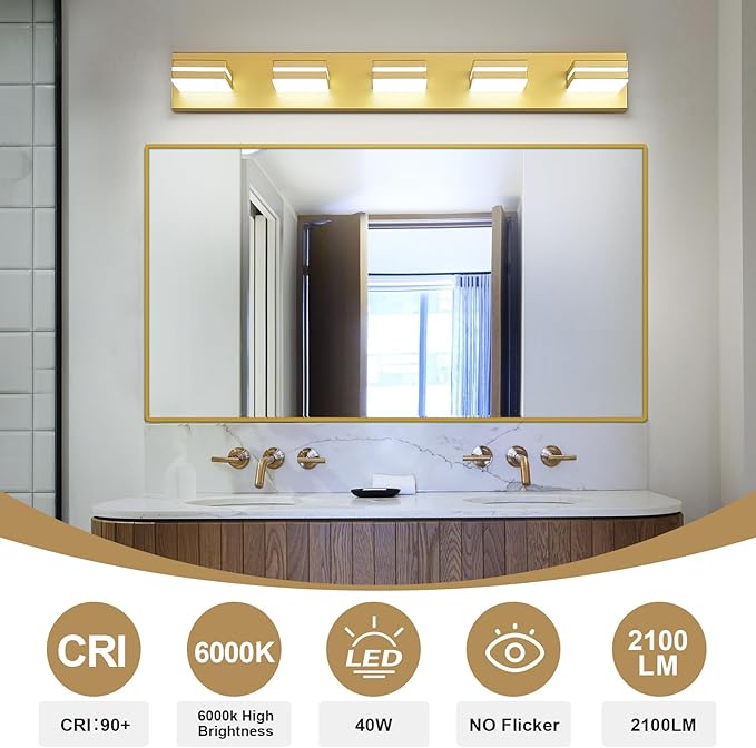 Modern LED Bathroom Lights Fixtures(5-Light),Metal Gold Acrylic Wall Lighting,Vanity Lights for Bathroom Over Mirror(6000k 34in)