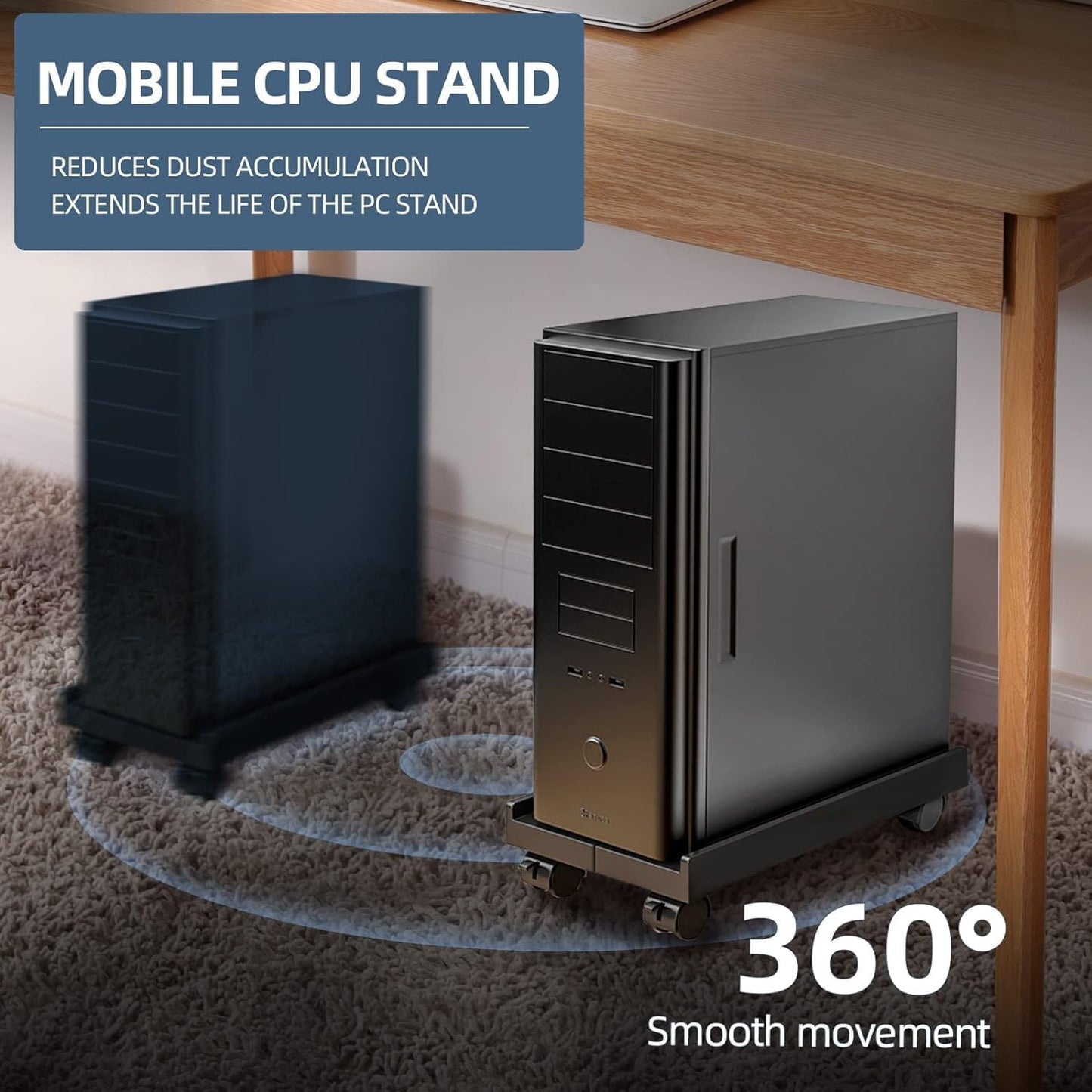 Adjustable Mobile CPU Stand, Ventilated Computer Tower Stand with 4 Caster Wheels Fits Most PC Tower, Under Desk CPU Holder PC Floor Cart Computer Riser for Gamers and Students (Gray)