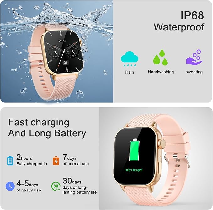 Smart Watches for Men Women, 1.85'' AMOLED HD Fitness Tracker with 100+ Sports Modes, Smartwatches with Bluetooth Call/Heart Rate/Sleep Monitor/Pedometer, IP68 Waterproof Watch for Swimming, Gold