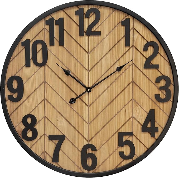 30 Inch Large Wall Clock, Oversized Wooden Farmhouse Wall Clock with Black Metal Frame, Battery Operated Non-Ticking Silent Wall Clocks for Living Room, Kitchen, Bedroom Decor (Brown)