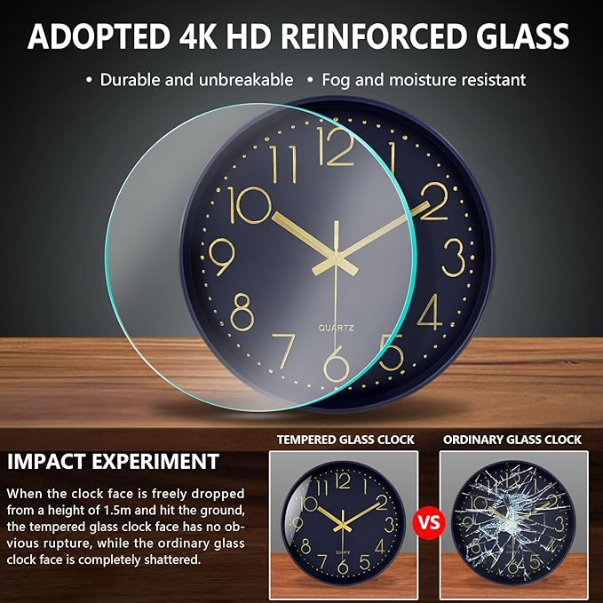 Wall Clock, Silent Wall Clocks Battery Operated 10 Inch- Modern Non Ticking Analog Clock with Large Numerals Tempered Glass Clocks for Bedroom Living Room Kitchen Office Decor, Navy Blue