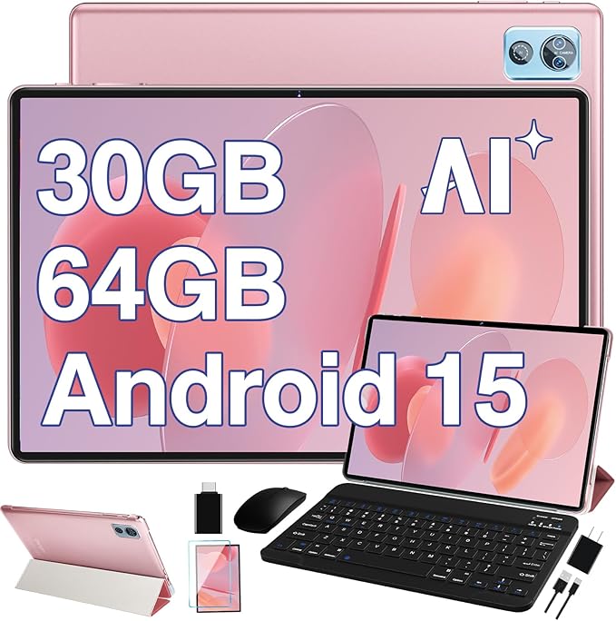 2025 Latest Tablet 10 inch Android 15 Tablets with Keyboard, 30GB RAM 64GB ROM 2.0GHz Octa-Core, Dual Camera, 1TB Expand, Widevine L1, 5G WiFi, BT 5.0, 2 in 1 Tableta PC (Rose Gold/Pink)