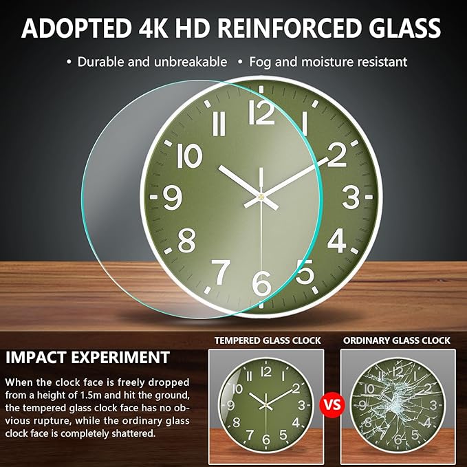 Modern Wall Clock, 10 Inch Digital Wall Clocks Battery Operated, Round Non Ticking Silent Analog Clock for Bedroom Living Room Kitchen Office Gym Classroom Decor, Olive Green