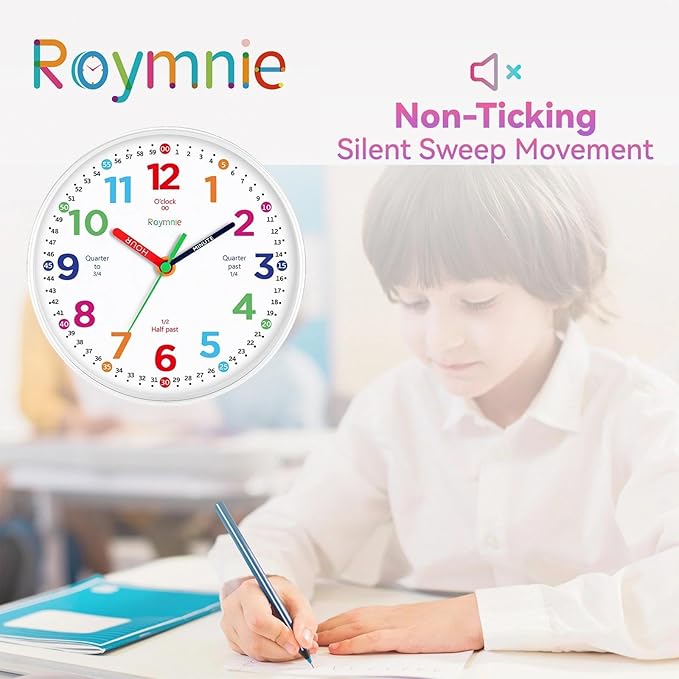 Roymnie12 Inch Wall Clock for Kids Learning to Tell Time Easily Analog Non Ticking Battery Operated Teaching Clock Silent Teaching Time Clock Decorative for Kids Room Classroom School (White Grain)