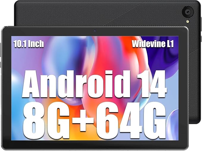 Tablet 10 Inch, Android 14 Tablet PC, 8GB RAM+64GB ROM (1TB TF), Octa-Core 2.0 GHz, WiFi 6, Bluetooth 5.0, Widevine L1, 5MP+8MP, 5000mAh,Type-C, Black