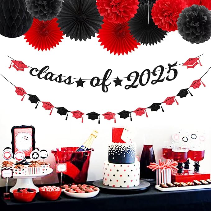 Red Black Party-Decoration Graduation Banner - 14pcs Kits Cap Garland Streamers, Paper Tissue Pom Poms Flowers Fans Honeycomb,Class Of 2025 College High School Grad Decor Hugfond