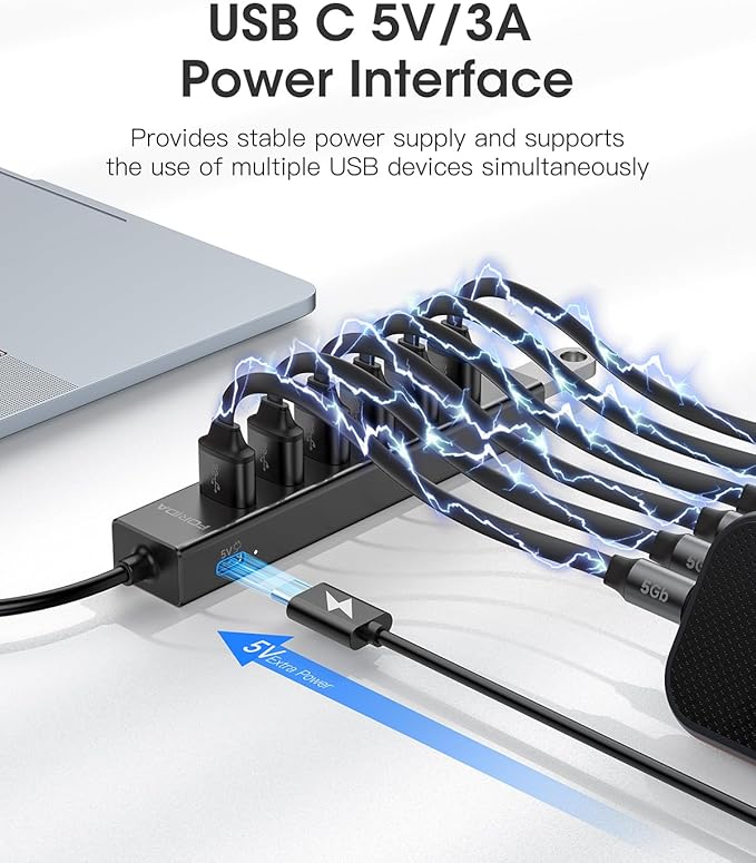 FORIDA USB C Hub-8 Port USB HUB with 7 USB3.0 Data Ports,Aluminum Alloy USBC Splitter with Type C 5V/3A Power Port Compatible with MacBook, iPad, Surface Pro, XPS, Laptop,PC (Black,USB C-9.8in)