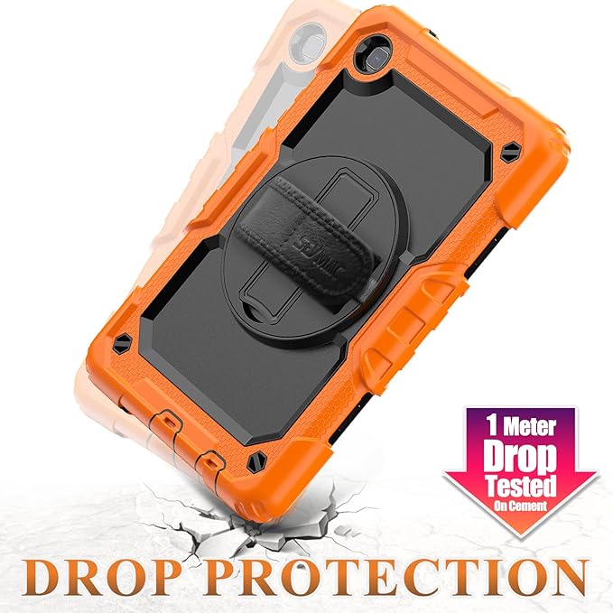 SEYMAC stock Case for Samsung Galaxy Tab A7 Lite 8.7'' with Screen Protector Pencil Holder [360 Rotating Hand Strap] &Stand, Drop-Proof Case for Samsung A7 Lite 2021 SM-T220/T225/T227, Orange/Black