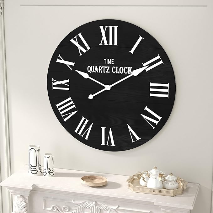 ARTPOWER Large Farmhouse Wall Clock, 35.5” Shiplap Wall Clock with Roman Numeral, Nearly Non-Ticking, Round Wall Clocks for Living Room Decor, Office, Bedroom, Entrance, Black