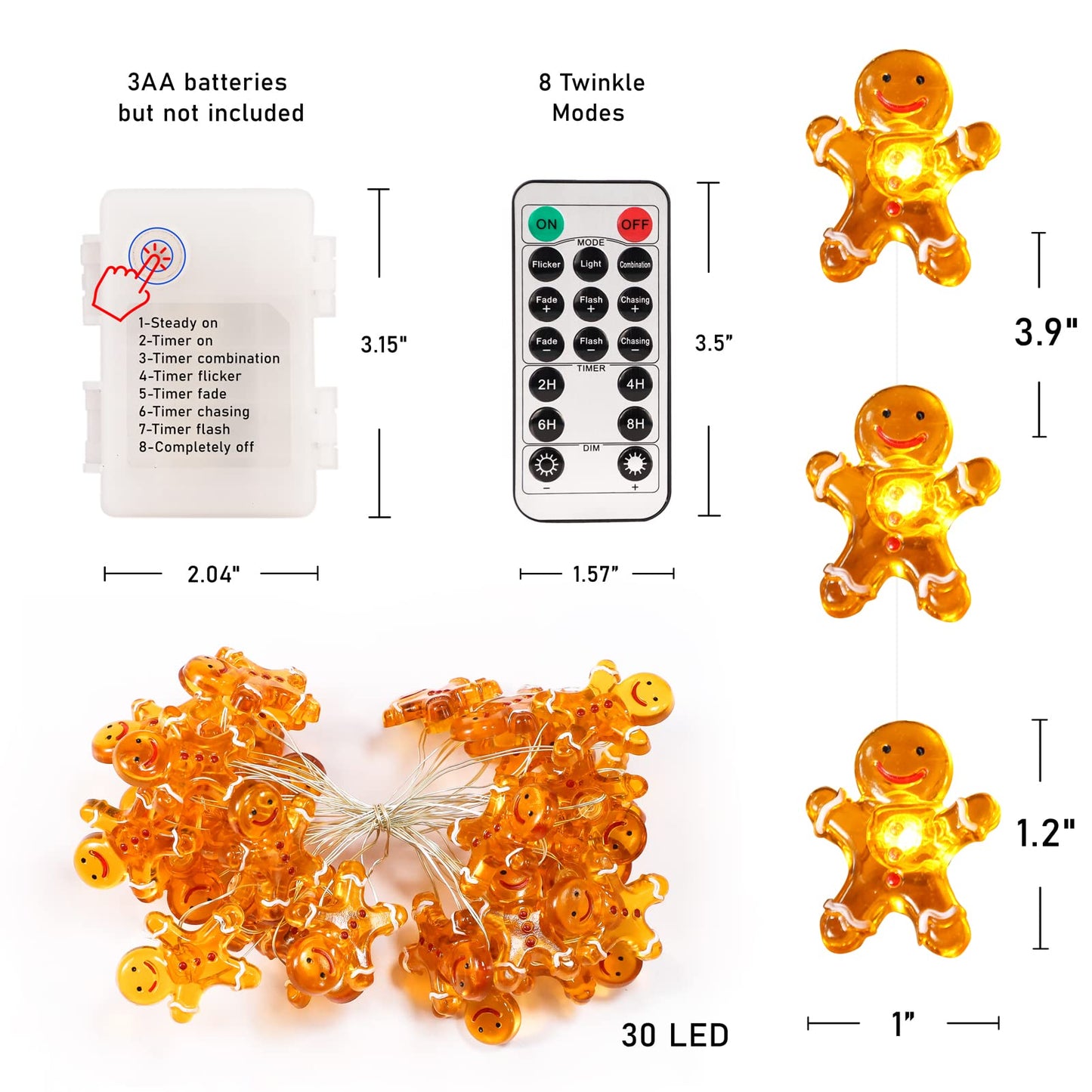 FLAVCHARM Christmas String Lights, Battery/USB Operated, Gingerbread Design, Remote Control, Light Amber