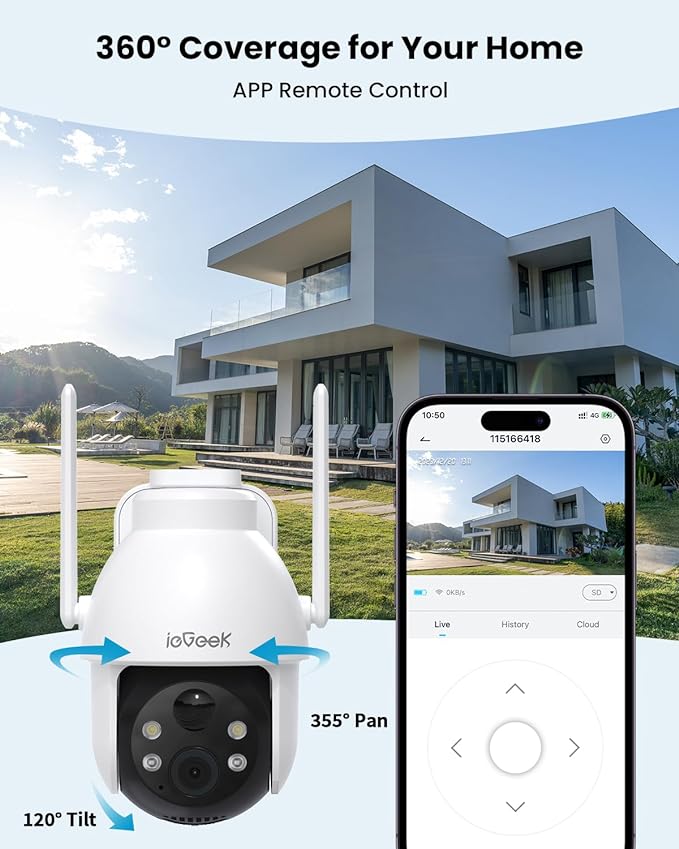 ieGeek Security Cameras Wireless Outdoor, 2K Solar WiFi Camera for Home Security System, Battery Powered Surveillance Cam with Solar Panel, 360° PTZ Color Night Vision, Motion Sensor, Works with Alexa