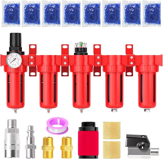 1/2" NPT Industrial Grade 5 Stage Aluminum Air Drying System,Double Coalescing Filter,Particulate Filter,Double Desiccant Dryer and Air Regulator,Manual Drain For Plasma Cutter and Paint Spray