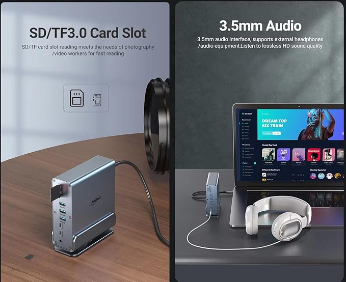 Vertical Laptop Docking Station 3 Monitors, 15-in-1 USB C Dock Station Hub Triple Display with 2X 4K HDMI & 1x DP, 10Gbps USB-C and USB-A 3.2 Data, 100W PD Charging+Ethernet+SD/TF+Audio