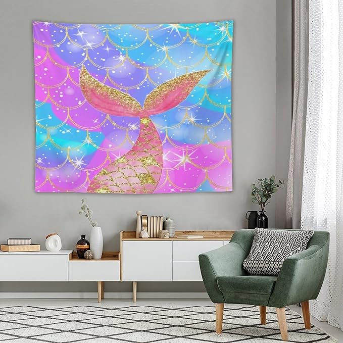 HZOHNAGO Mermaid Scales Tapestry Colorful Shiny Scales Mermaid Tail Pattern Printed Wall Tapestry Wall Hanging for Bedroom Living Room Dorm 60" W x 50" H
