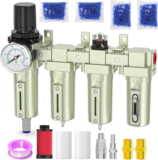 Industrial Grade 4-Stage Air Drying System, 1/2" NPT with Auto Drain, Desiccant Dryer, Air Regulator, Particulate Filter and Coalescing Filter for Paint Spray, Plasma Cutter