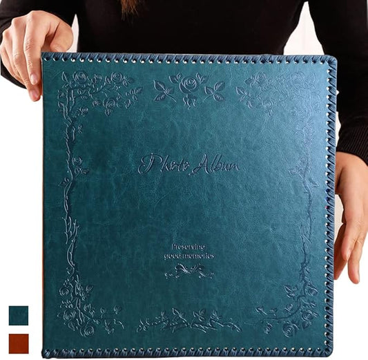Photo Album Self Adhesive Pages, 80 Pages Huge Magnetic Self-Stick Picture Album with Leather Vintage Inspired Cover, DIY Albums Holds 3X5, 4X6, 5X7, 6X8, 8X10, 10X12 Photos (Darkgreen)