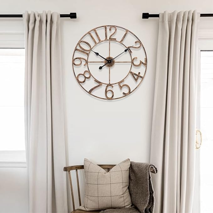 BEW Large Wall Clocks for Living Room Decor, Silent Analog Battery Operated Wall Clock, 24 Inch Bronze Rustic Farmhouse Metal Wall Clock for Indoor, Outdoor