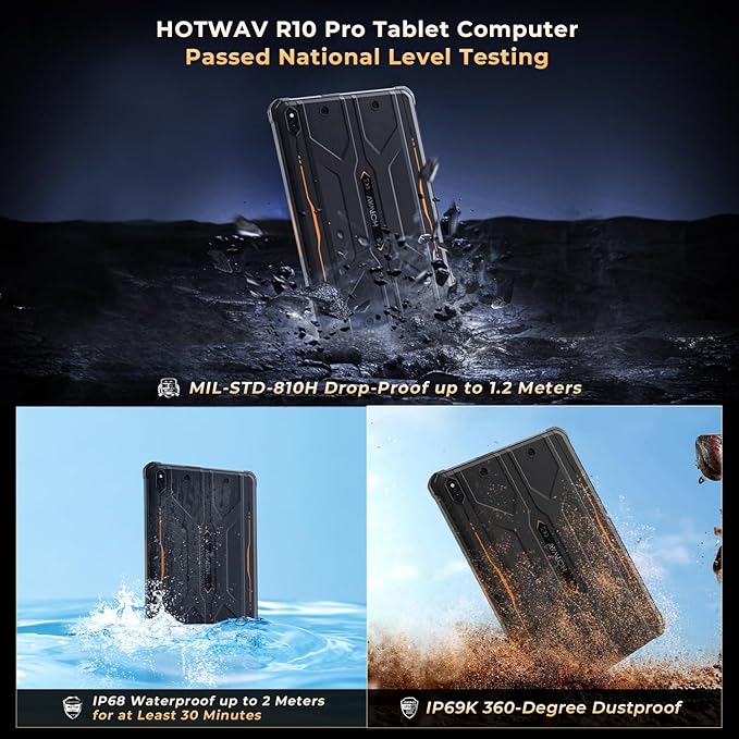 HOTWAV R10 Pro 2025 Rugged Tablet Android 14-10.1 Inch HD+ 10800mAh Waterproof Tablet, 20GB RAM+256GB ROM/1TB TF Outdoor Tablets, 13MP+5MP Camera Octa-Core IP68&IP69K/4G-LTE/5G WiFi/Face ID/GPS/OTG