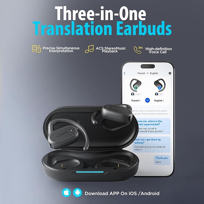 AI Translation Earbuds, Real-Time 143 Language & Accent Translator, Open Ear Wireless Bluetooth Earbuds with 120H Charge Case, Spanish/English/Japanese Voice Support, iOS & Android Compatible
