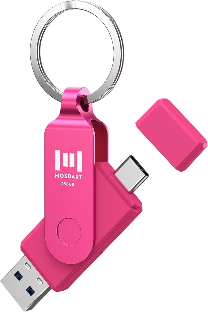 MOSDART 256GB USB3.1 Fast Speed C and A Dual Flash Drive, exFAT Memory Stick with Keychain and LED Indicator, for iPhone 15,16,17, Android Phone, iPad, MacBook, and Other Laptops, Hot Pink