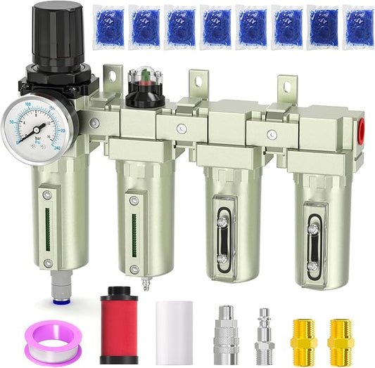Industrial Grade 4-Stage Air Drying System, 3/4" NPT with Auto Drain, Desiccant Dryer, air Regulator, Particulate Filter and Coalescing Filter for Paint Spray, Plasma Cutter