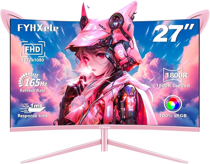 27 inch Gaming Monitor, Pink 1800R Curved Monitor, FHD-1920X1080P, 165Hz, 1ms, Fast IPS, FreeSync Hdmi Monitor with Ultrathin, HDMI/DP/USB Vesa/Wall Mount Computer Monitor-Pink