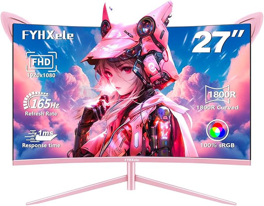 27 inch Gaming Monitor, Pink 1800R Curved Monitor, FHD-1920X1080P, 165Hz, 1ms, Fast IPS, FreeSync Hdmi Monitor with Ultrathin, HDMI/DP/USB Vesa/Wall Mount Computer Monitor-Pink