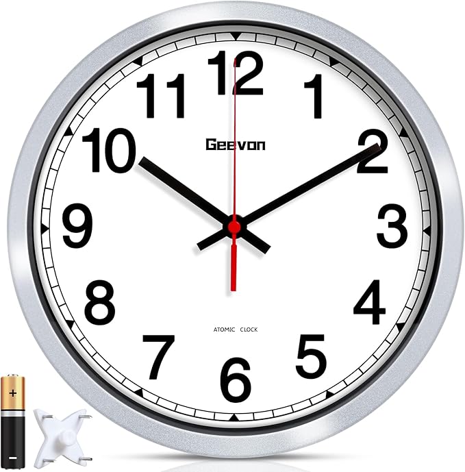 Geevon 10 Inch Atomic Wall Clock - Self-Setting Analog Clock with Automatic Time Sync - Battery Operated for Home Office School - Silver Frame