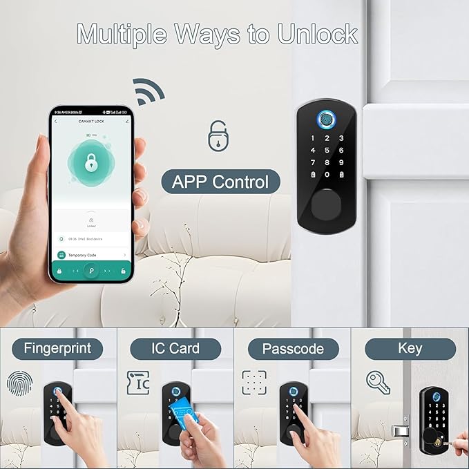Smart Door Lock Fingerprint Deadbolt, Keyless Entry Door Lock with App Control, Digital Electronic Keypad Touchscreen Code Auto Lock, Biometric Smart Locks for Front Door (Black)