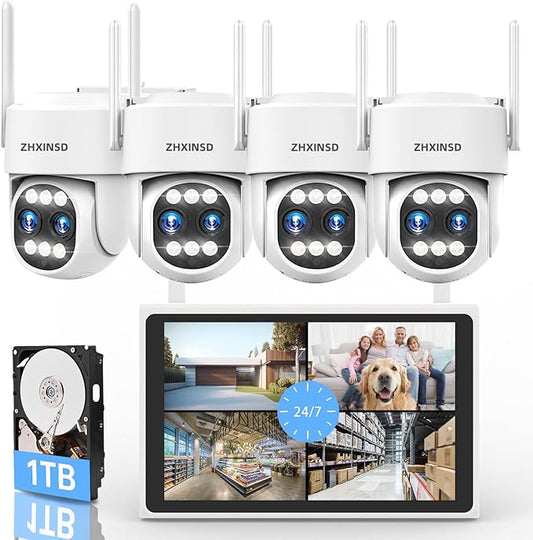 4K Security Camera System Wireless, Dual Lens 4MP+4MP 10X Zoom 2.4G/5G PTZ Cameras for Outdoor Home Security, Auto Tracking, 10” Monitor NVR Pre-Installed with 1TB HDD, 24/7 Record