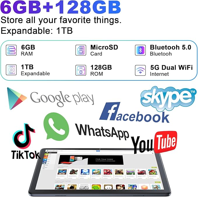 kinstone 10.1" Android Tablet, 6GB RAM 128GB ROM, Fast Octa-Core, Dual-Band 2.4G/5G Wi-Fi, Bluetooth 5.0, HD IPS Display, Ideal for Study, Office-Entertainment, Grey