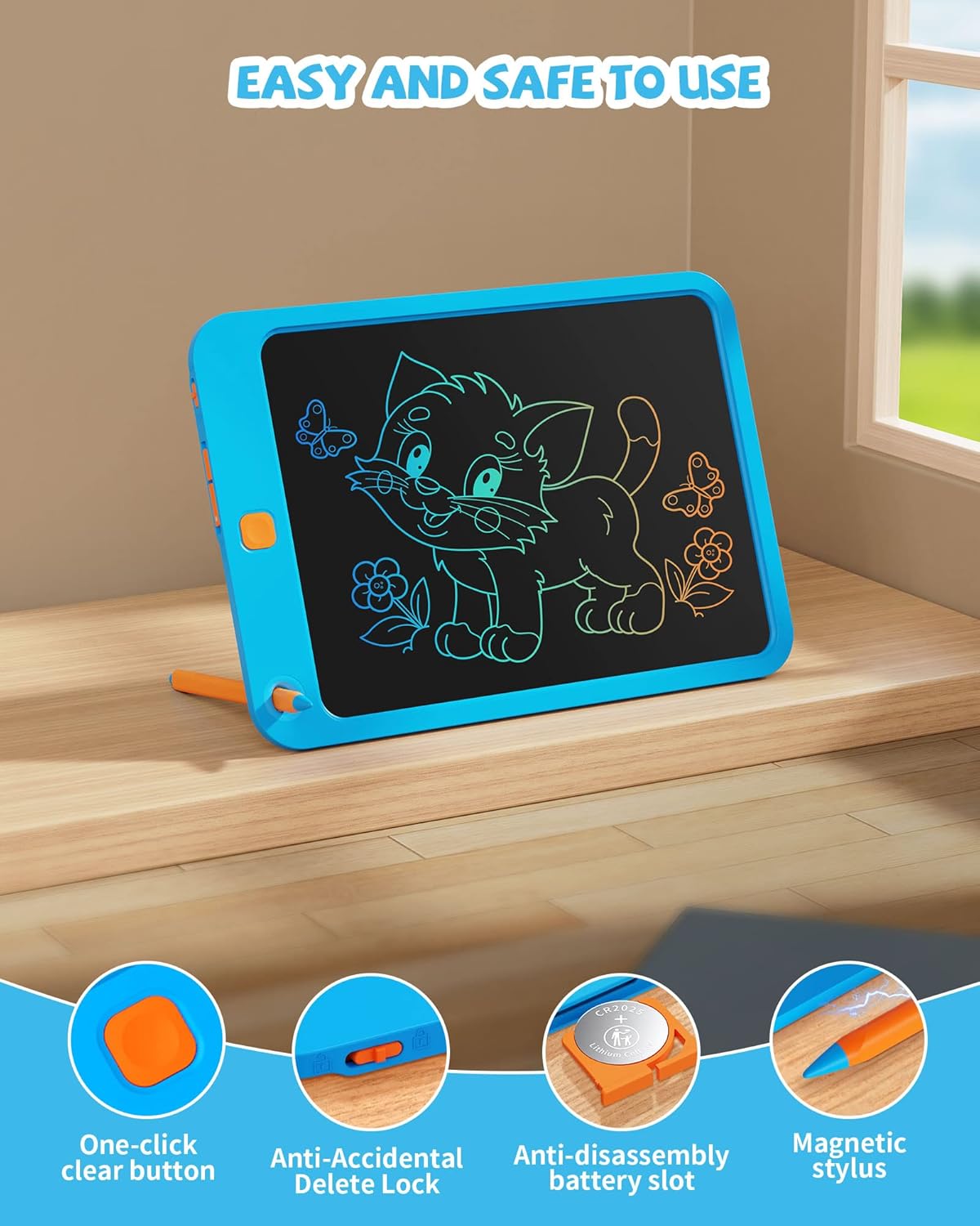 LCD Writing Tablet 10 Inch, Toys for 3 4 5 6 7 8 9 10 Year Old Boys Girls, Colorful Doodle Board Drawing Tablet, Gift for Boys Toddlers Age 3-12 Years, Memo Board, Drawing Pads with Lanyard(Blue)