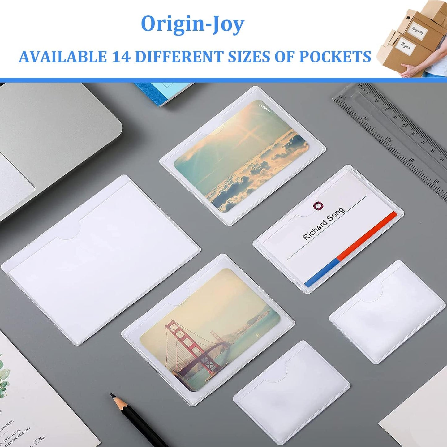 Origin-Joy 25 PCS Self-Adhesive Index Label Pockets, Clear Plastic Peel & Stick Card Holders with Top Open for Loading (3.5 x 2.5 inch)